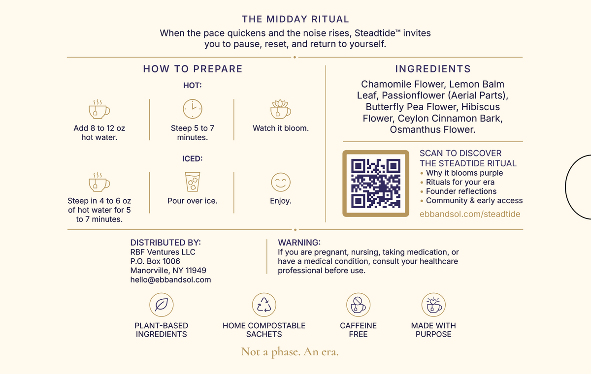 The back of the Steadtide box: how to prepare, ingredients, warning and distributor details.