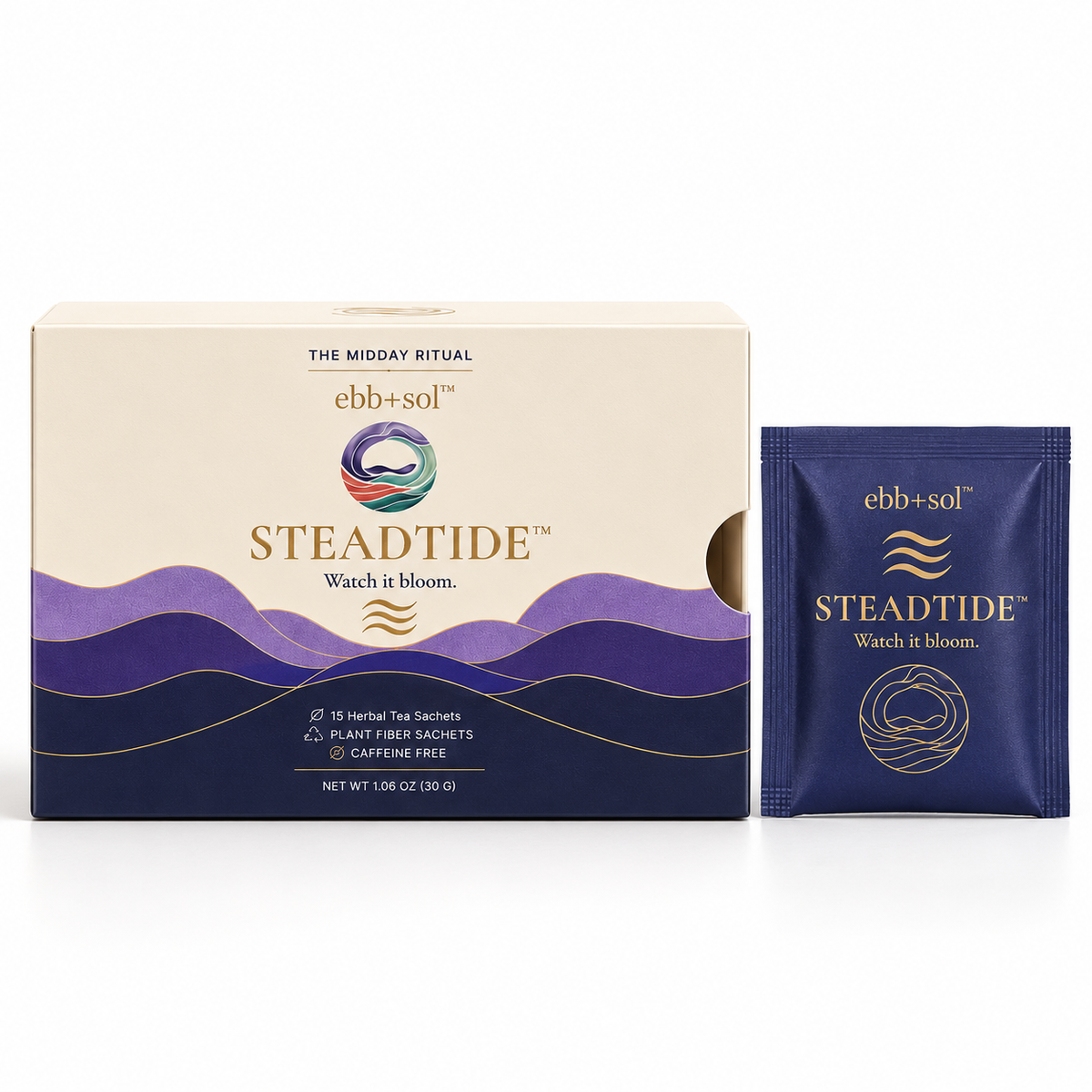 Steadtide herbal tea box with a single sachet. The midday ritual. Watch it bloom.