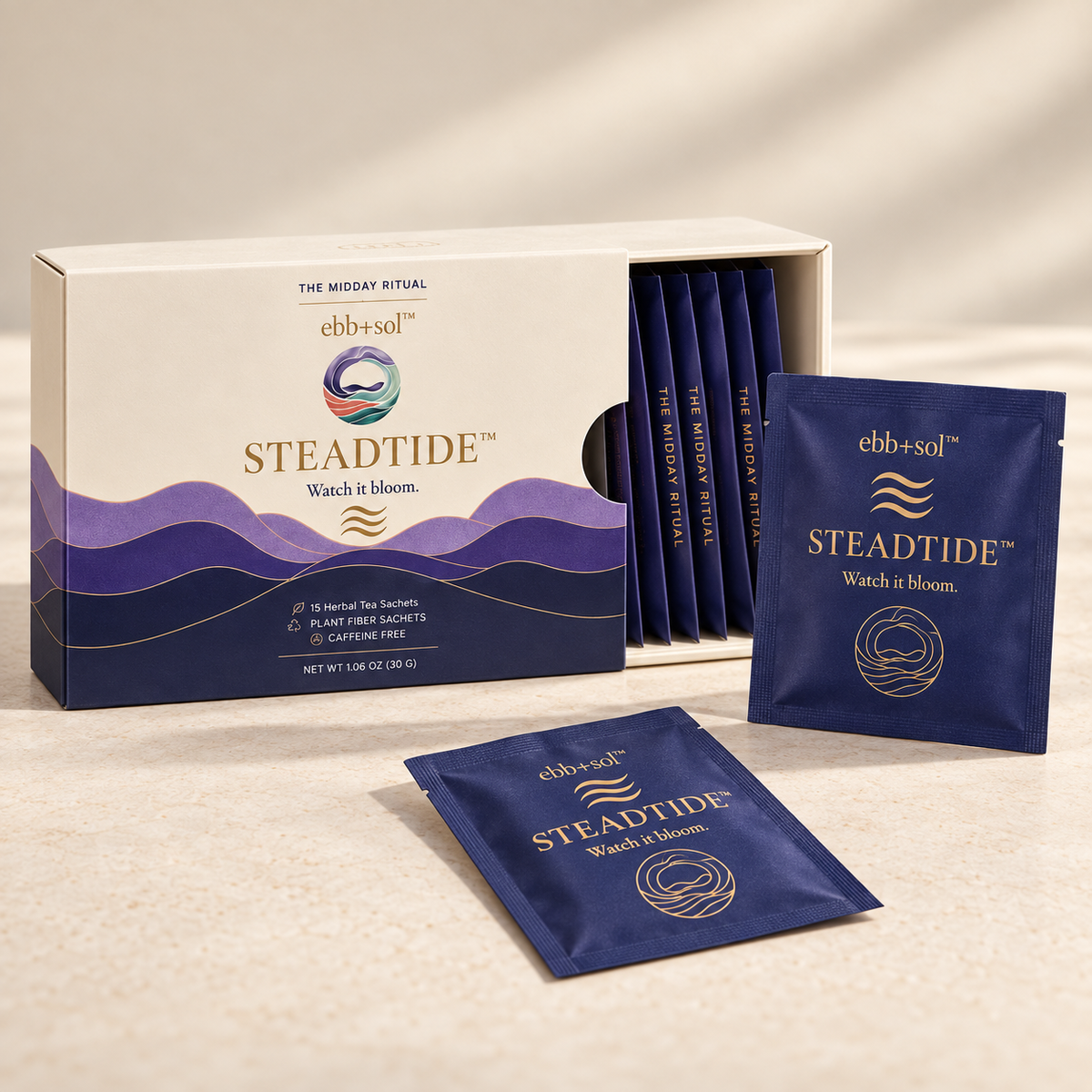 An open Steadtide box showing the individually wrapped sachets inside.