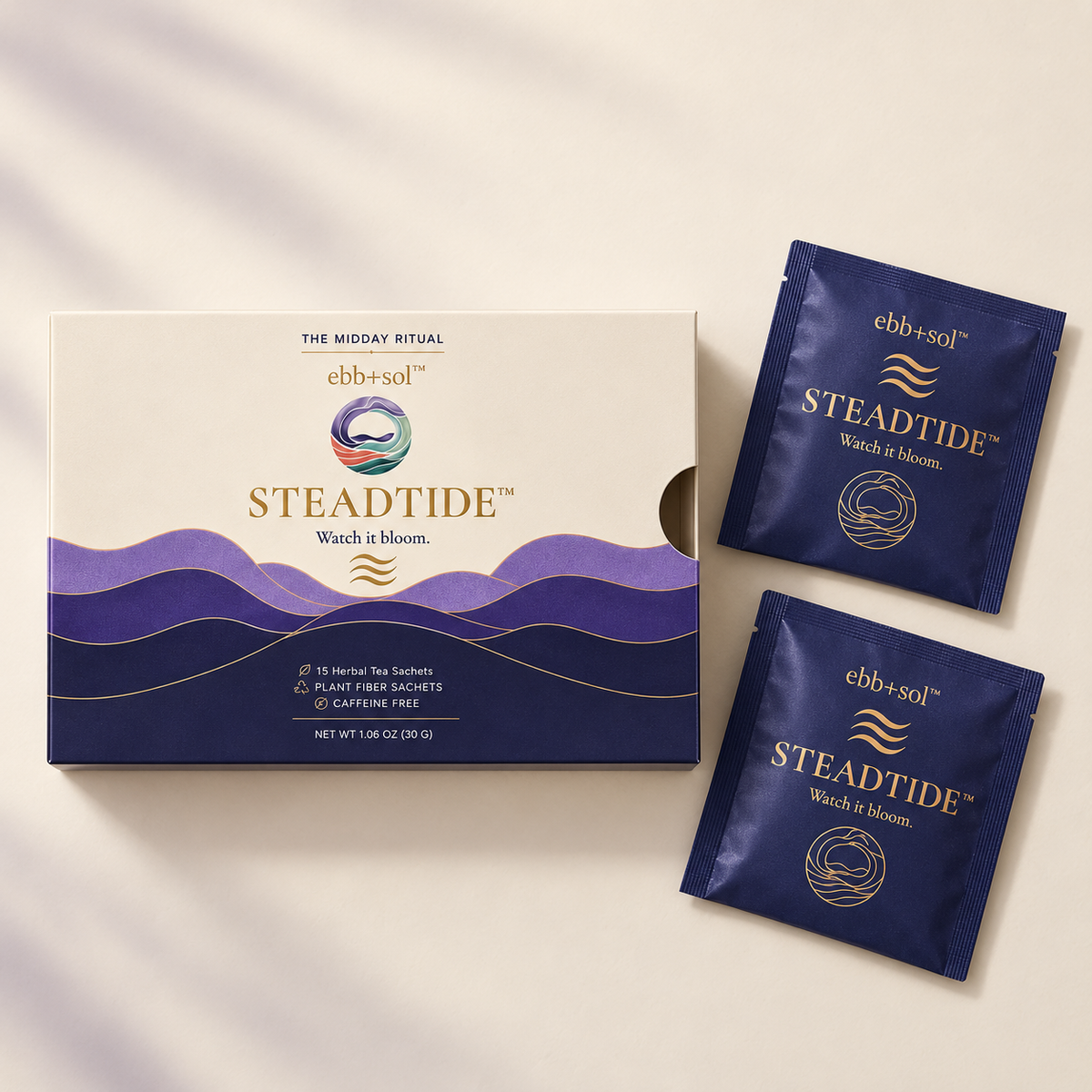 Steadtide box beside two deep blue sachets in soft daylight.
