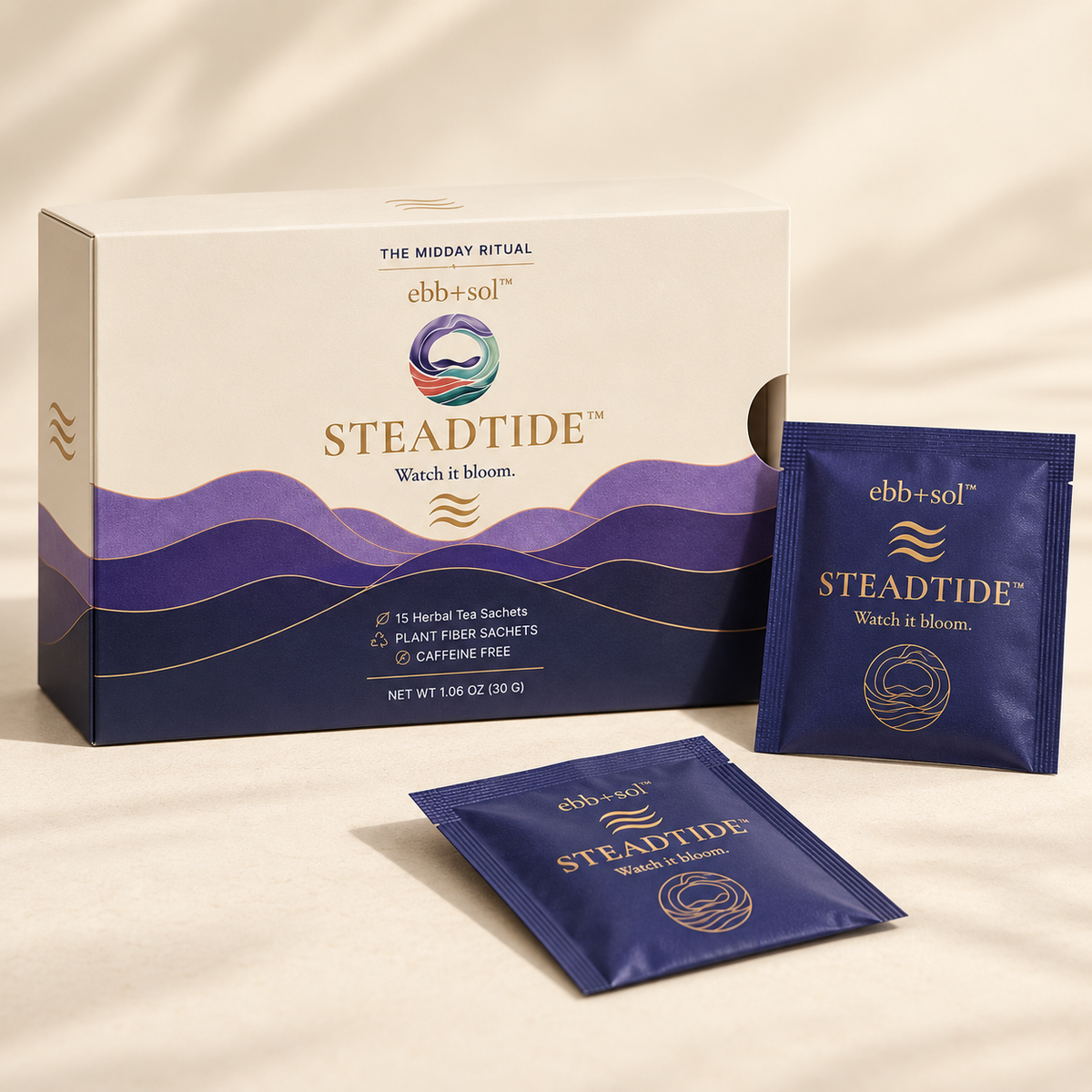 Steadtide box with sachets resting in front of it.